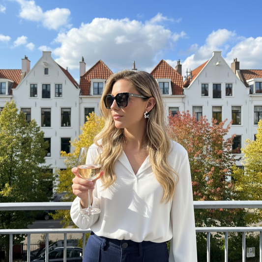 Woman in a white blouse and sunglasses standing wearing silver earrings