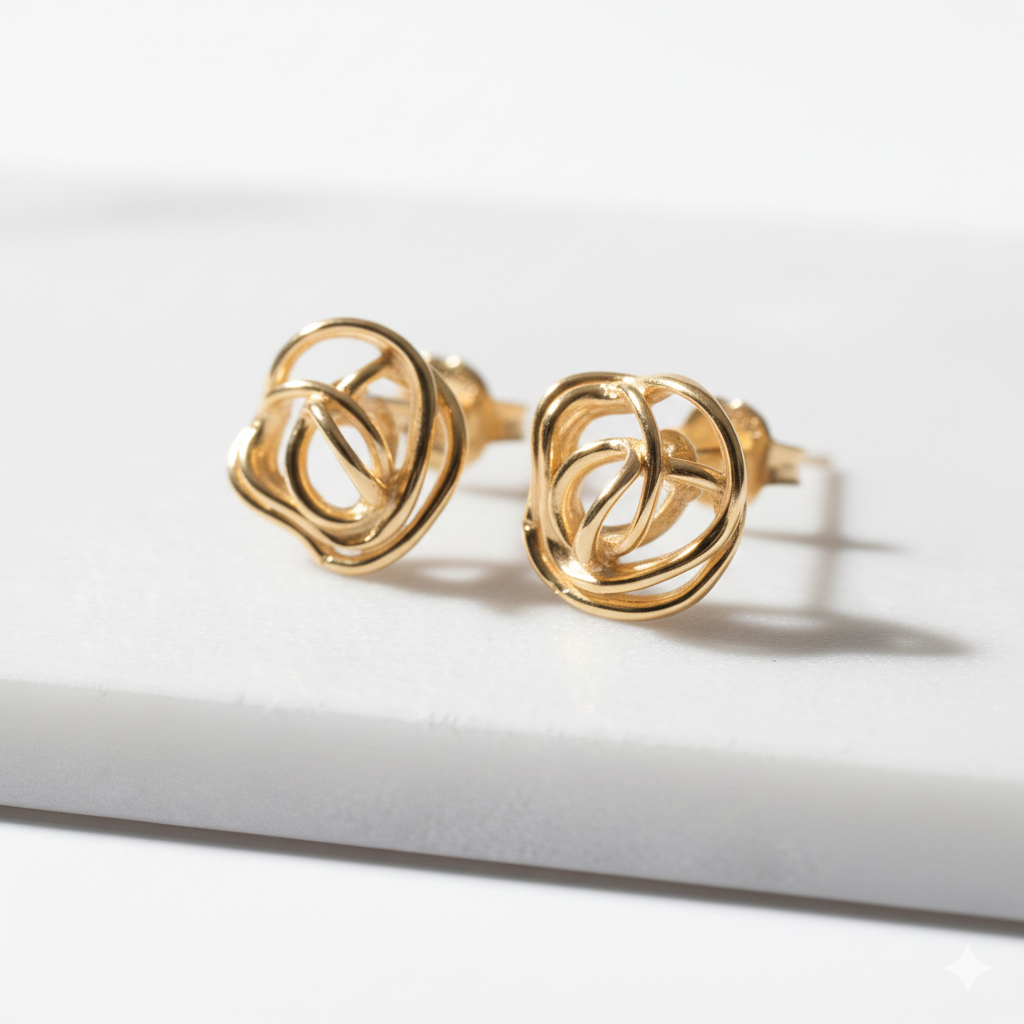 Handcrafted minimalist rose gold earrings on neutral background — Nounou Studio