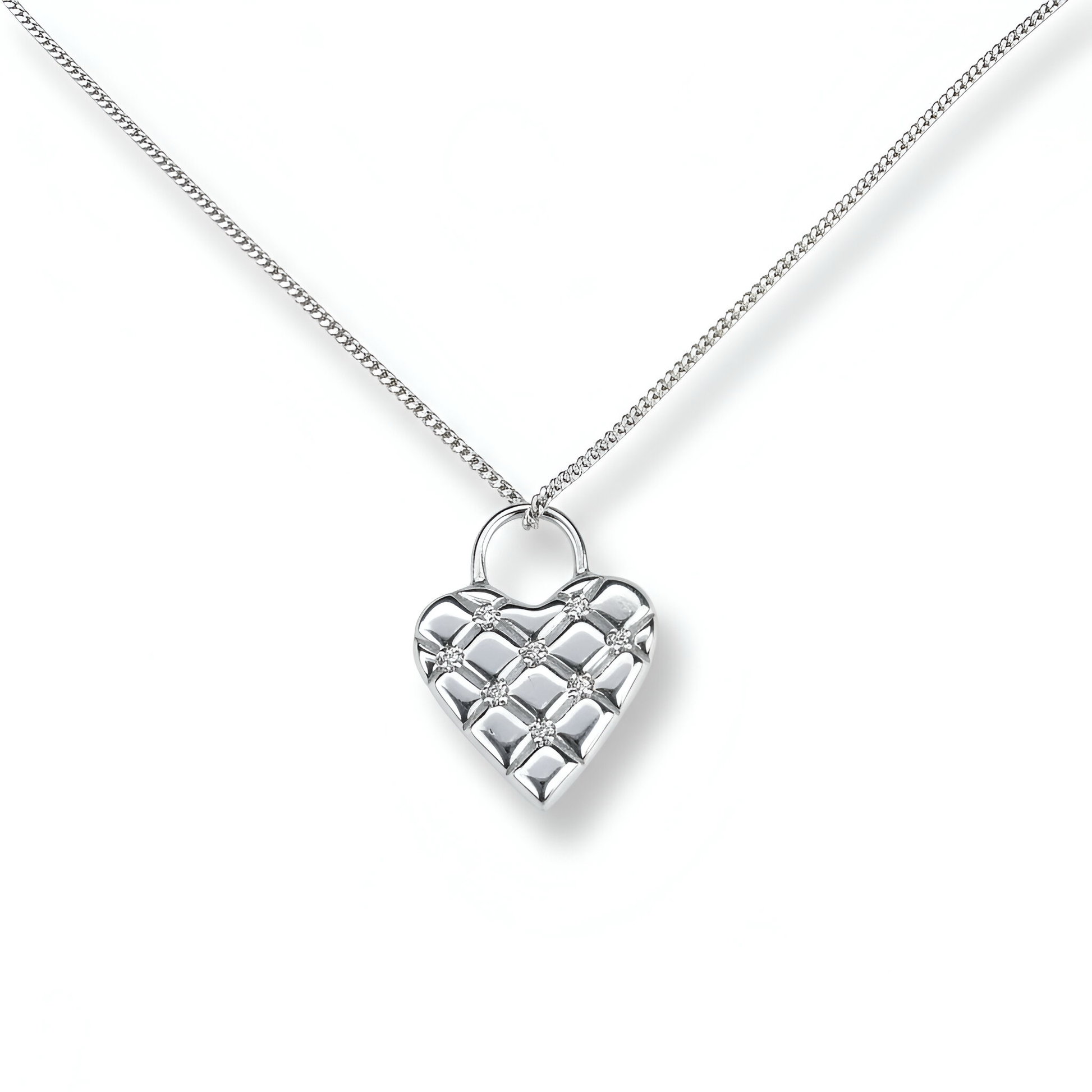 Silver heart-shaped and moissanites necklace with a chain on a white background