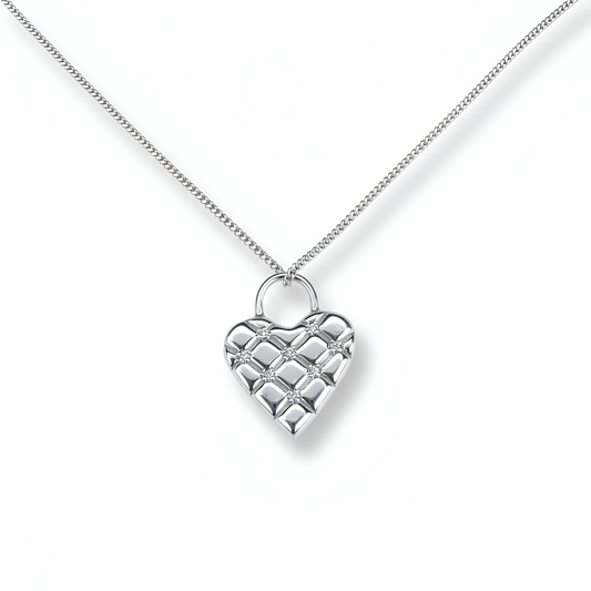 Silver heart-shaped and moissanites necklace with a chain on a white background