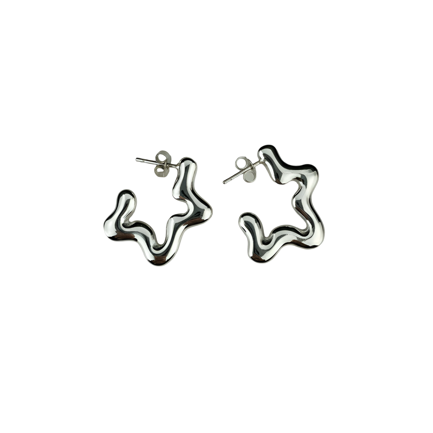 Pair of silver star-shaped earrings on a white background