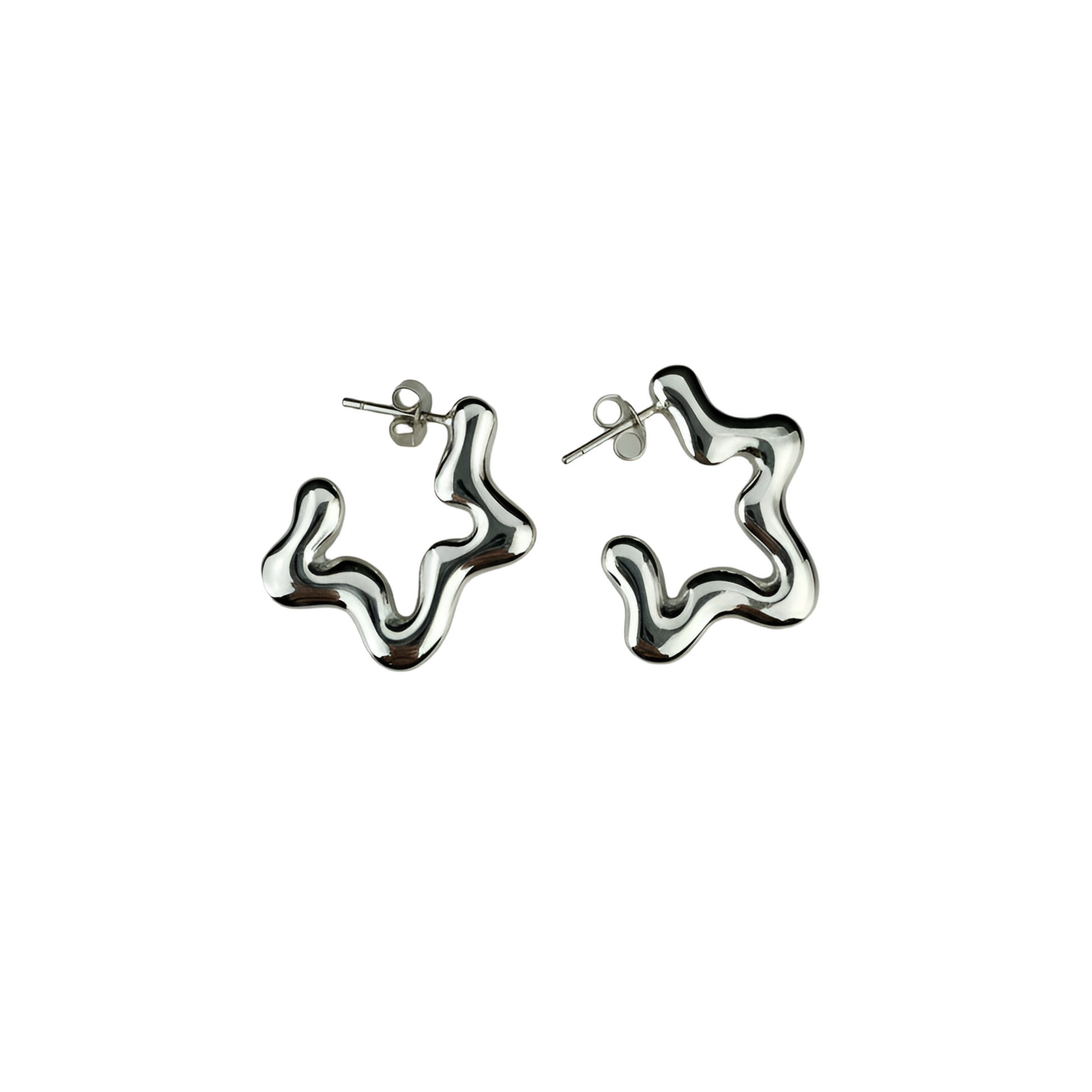 Pair of silver star-shaped earrings on a white background