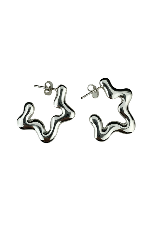 Pair of silver star-shaped earrings on a white background