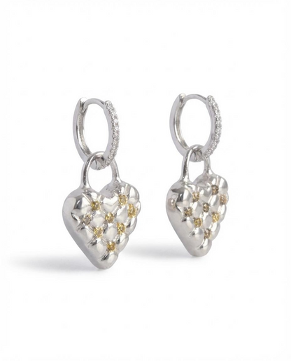 Sterling silver quilted heart earrings, side view — Nounou Studio