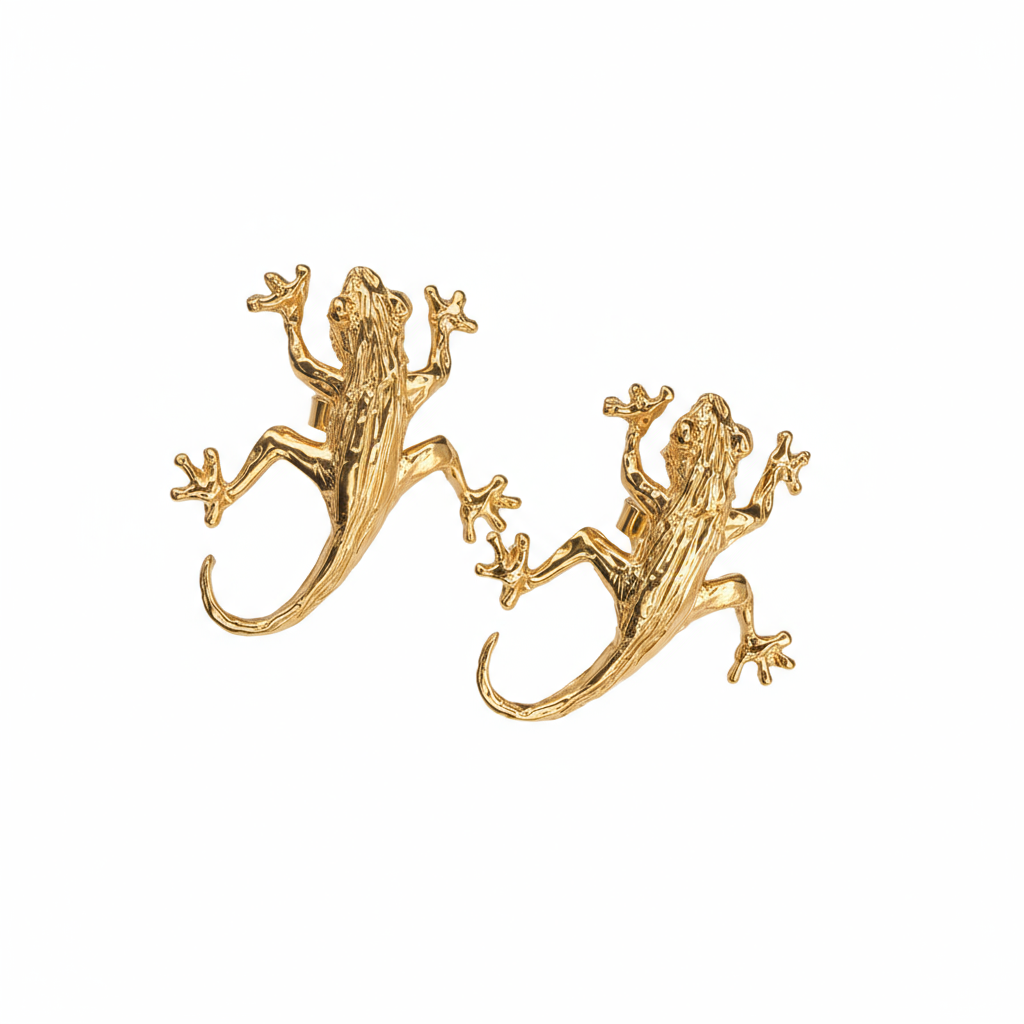 Gold lizard/gecko-shaped earrings on a white background