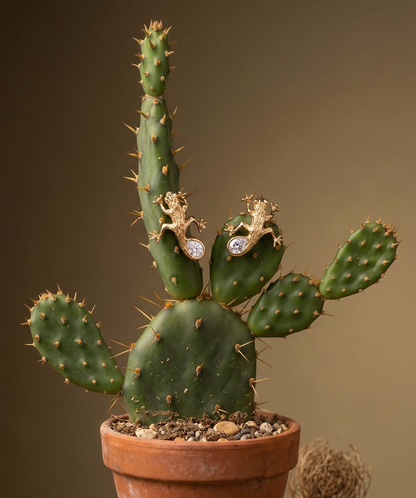 Luxury Solid sterling silver gecko-shaped earrings, 14K gold-plated, with a pear-shaped white moissanite stone. The earring is crafted by hand and showcased on a cactus plant.
