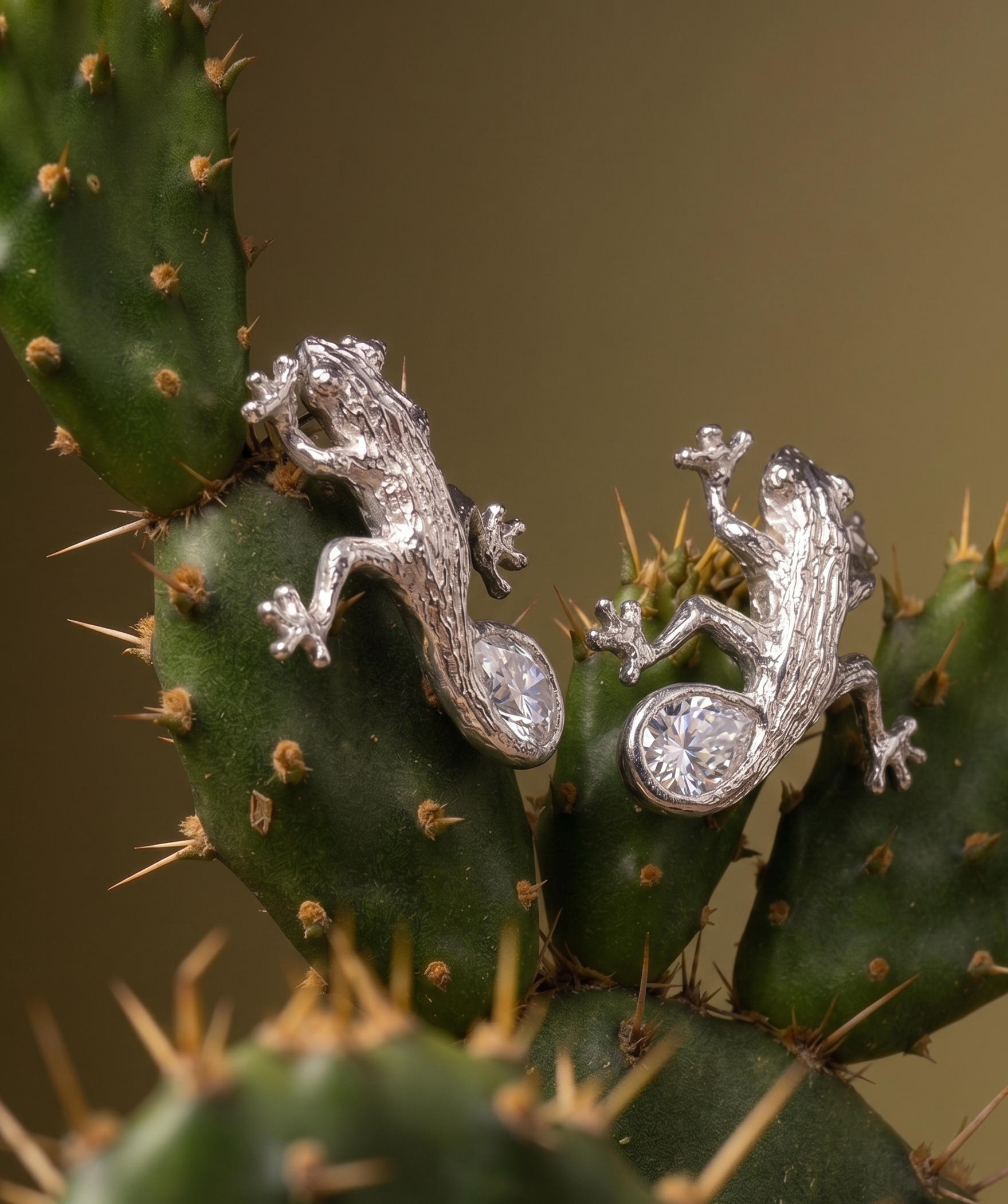 Luxury Solid sterling silver gecko-shaped earrings with a pear-shaped white moissanite stone. The earring is crafted by hand and showcased on a cactus plant.