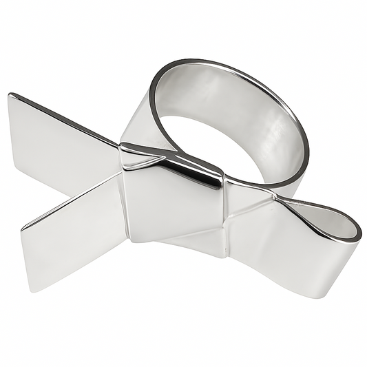 Silver bow-shaped ring on a white background