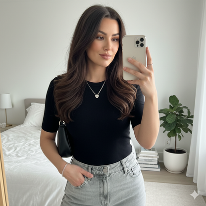 Woman taking a mirror selfie in a bedroom wearing silver heart shaped pendant.