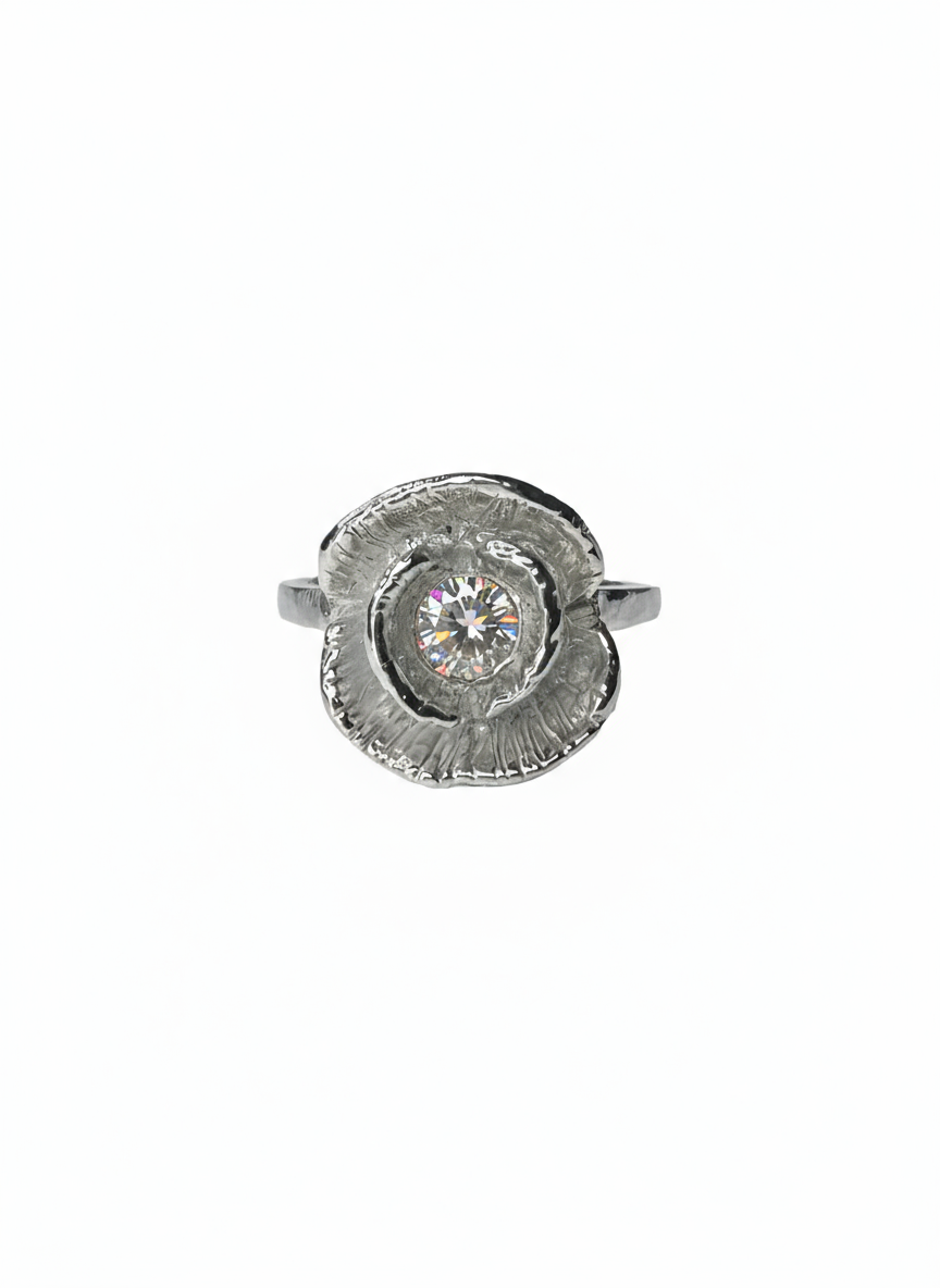 Silver ring with a moissanite diamond on a white background
