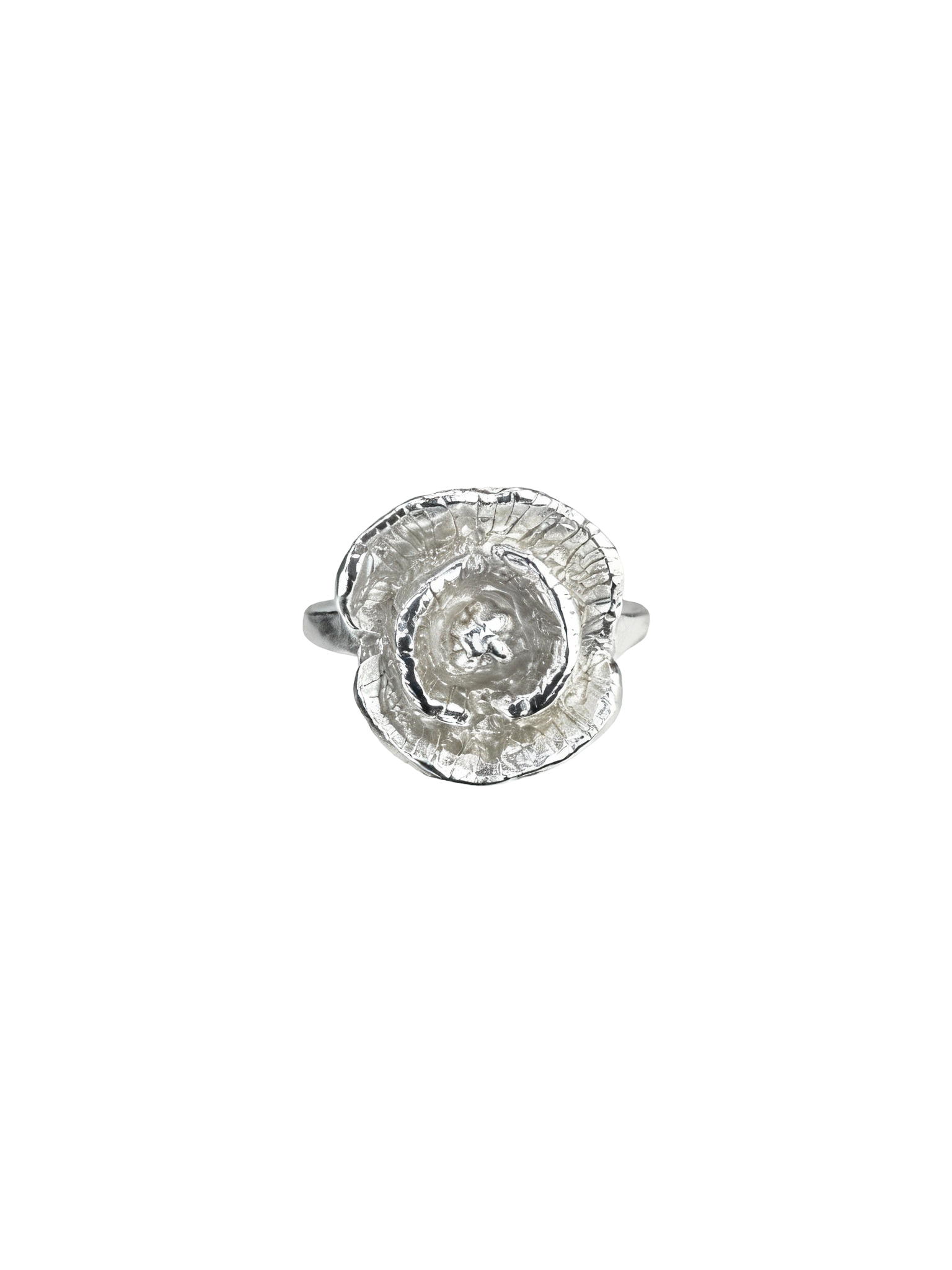 Silver ring with a textured design on a white background